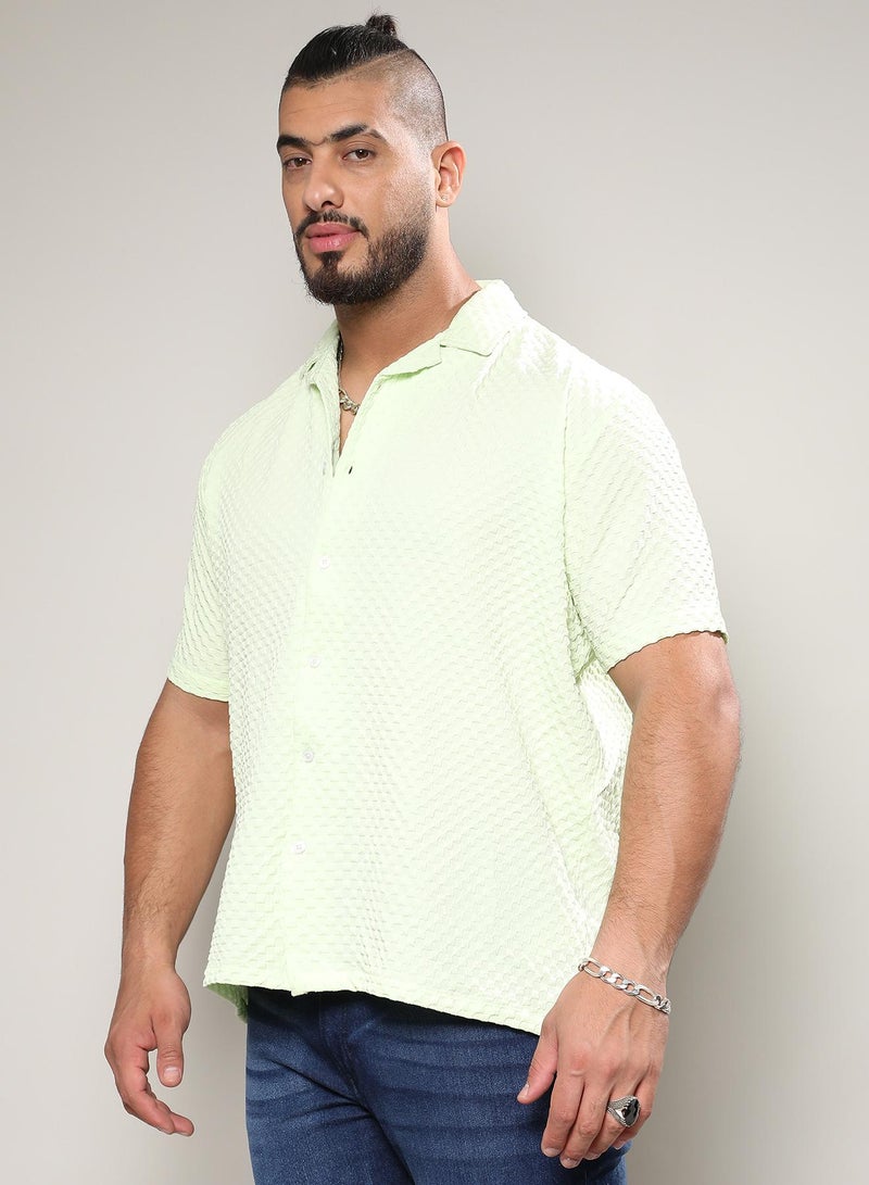Instafab Plus Men's Lime Green Self-Design Block Shirt For Casual Wear | Spread Collar | Short Sleeve | Button Closure | Shirt Crafted With Comfort Fit For Everyday Wear - Image 3